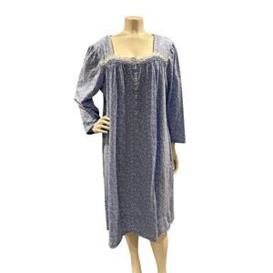 EILEEN WEST Blue Vines 100% COTTON KNIT Long Sleeve Short Nightgown Sz Large